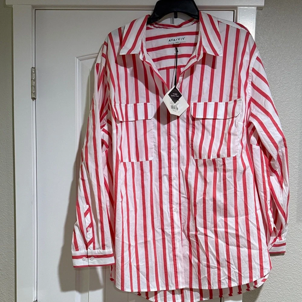 Ava & Viv Red and White Striped Button-Up - Picture 1 of 5